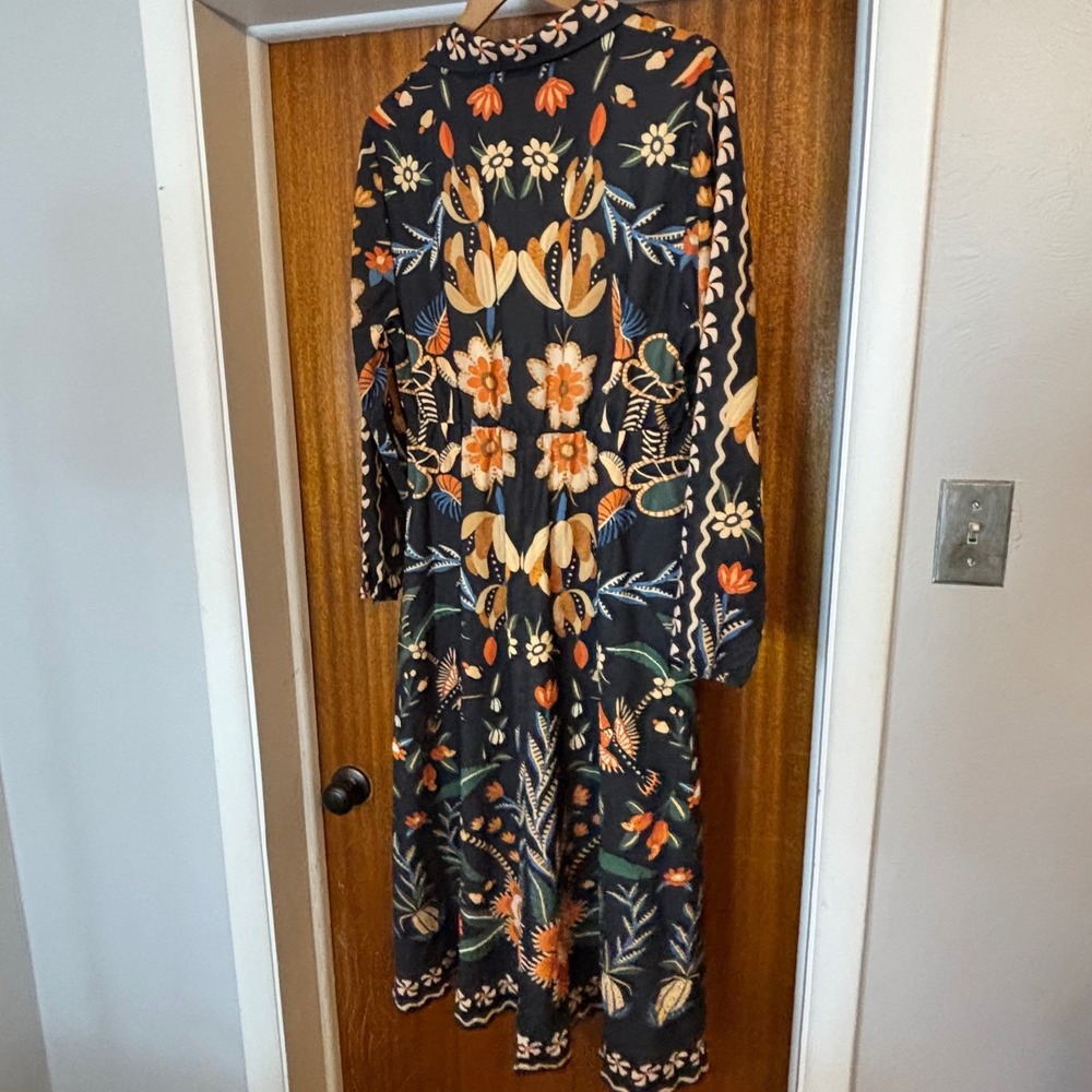BloomChic Navy Floral Bird Print Midi Dress Long Sleeve Pockets Womens Size 10 - Picture 2 of 11